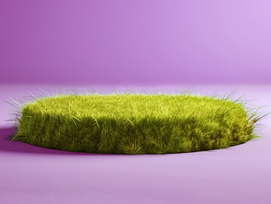 A circular pile of green grass in the center of a purple room.